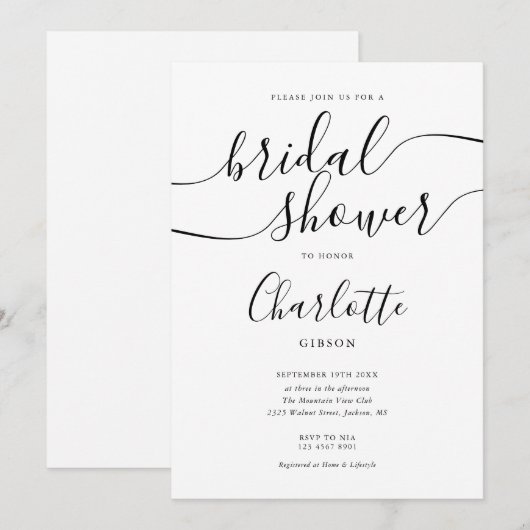 Handtekening Script Zwart-Wit Bruidsfeest Kaart (Voorkant / Achterkant)