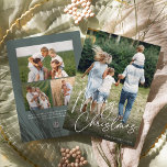 handtekening | Vrolijke Kerstmis verticale foto Feestdagenkaart<br><div class="desc">Stuur vakantiebegroetingen naar vrienden en familie in chique stijl met onze elegante fotokaarten. Design beschikt over uw favoriete verticale of portretgeoriënteerde foto met "Merry Christmas" overlay langs de onderkant in wit handgeschreven schrift. Personaliseer met uw familienaam en het jaar in de rechterbenedenhoek en voeg drie extra foto's toe aan de...</div>