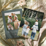 handtekening | Vrolijke Kerstmis verticale foto Feestdagenkaart<br><div class="desc">Stuur vakantiebegroetingen naar vrienden en familie in chique stijl met onze elegante fotokaarten. Design beschikt over uw favoriete verticale of portretgeoriënteerde foto met "Merry Christmas" overlay over de bovenkant in wit handgeschreven schrift. Personaliseer met uw familienaam en het jaar eronder, en voeg drie extra foto's toe aan de achterkant, samen...</div>
