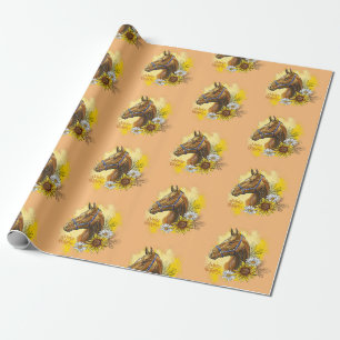 Handtekenpaard met planten en bloemen cadeaupapier