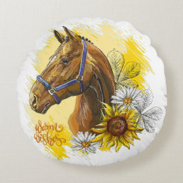 Handtekenpaard met planten en bloemen rond kussen