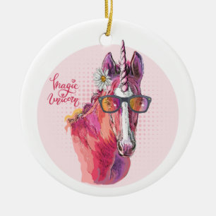 Handtekenroze Unicorn T-Shirt Sleutelhanger Keramisch Ornament