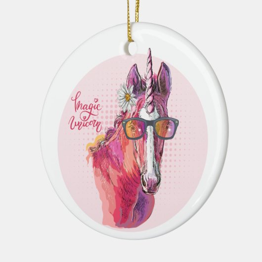 Handtekenroze Unicorn T-Shirt Sleutelhanger Keramisch Ornament (Links)