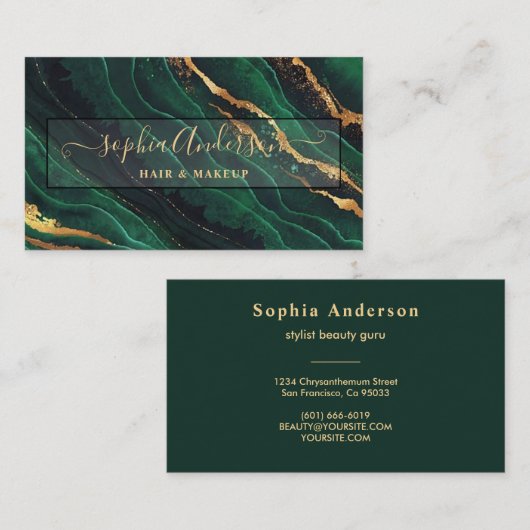 Handtekenscript & Gold Glitter Navy Green Agate Visitekaartje (Voorkant / Achterkant)