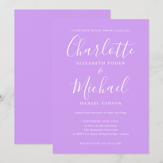 Handtekenscript Lavender Lila Chic Wedding Kaart (Voorkant / Achterkant)