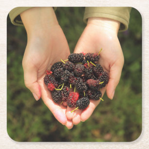 handvol met meerbessen, vers en zoet kartonnen onderzetters