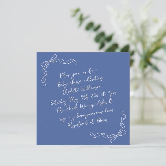 Handwritten Coquette Bow Blue Bridal Shower Square Kaart (Staand voorkant)