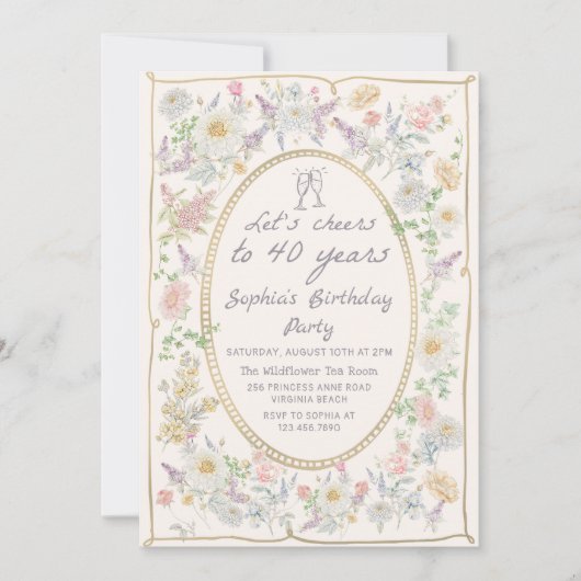 Handwritten Floral Cheers 40th Birthday Invitation Kaart (Voorkant)