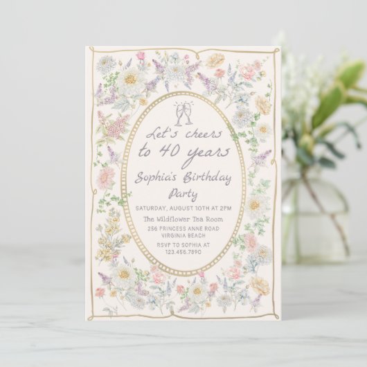 Handwritten Floral Cheers 40th Birthday Invitation Kaart (Staand voorkant)
