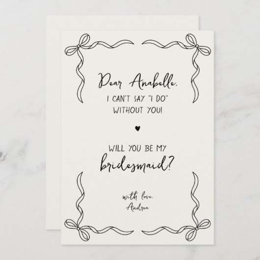Handwritten Hand Drawn Bow Fun Bridesmaid Proposal Kaart (Voorkant / Achterkant)