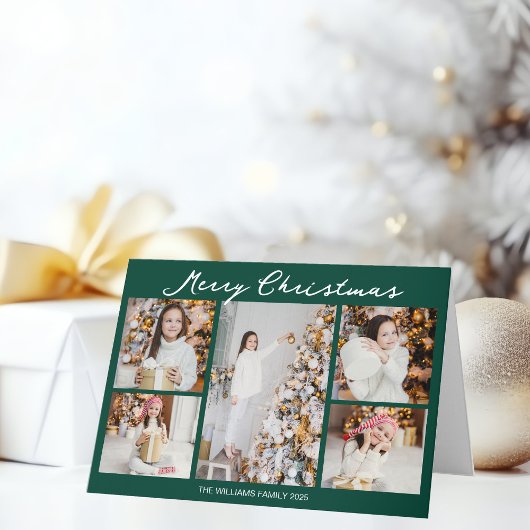 Handwritten Merry Christmas Green Photo Collage Feestdagen Kaart