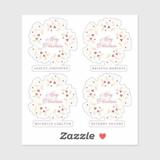 Handwritten Merry Christmas Holly Branches Wreath Sticker (Vel)