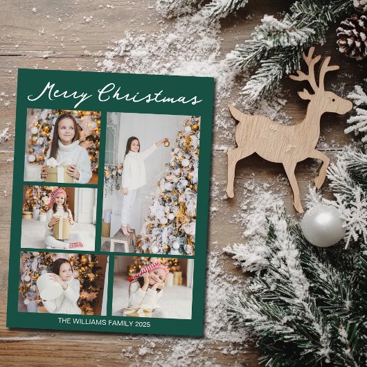 Handwritten Merry Christmas Photo Collage Green Feestdagenkaart