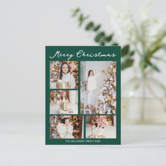 Handwritten Merry Christmas Photo Collage Green Feestdagenkaart (Staand voorkant)