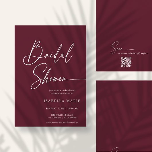 Handwritten Modern MInimal Burgundy Bridal Shower Kaart