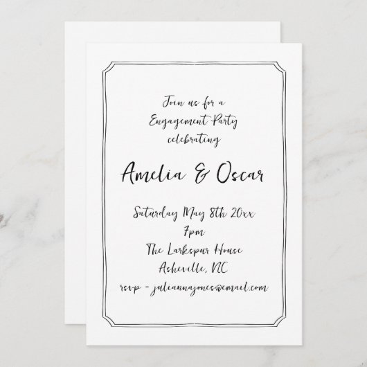 Handwritten Script Black White Engagement Party Kaart (Voorkant / Achterkant)