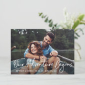 Handwritten Script Our Adventure Begins Photo Save The Date (Staand voorkant)
