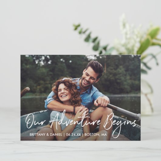 Handwritten Script Our Adventure Begins Photo Save The Date (Staand voorkant)