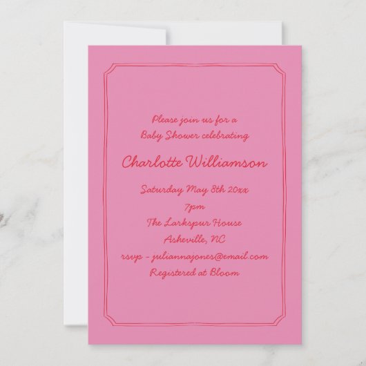 Handwritten Script Pink Red Border Baby Shower Kaart (Voorkant)