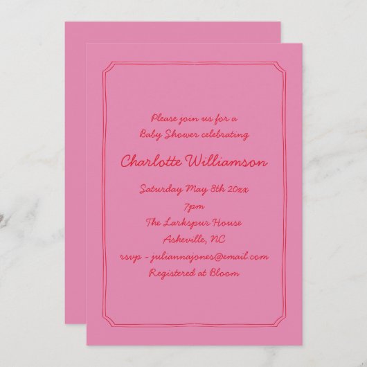 Handwritten Script Pink Red Border Baby Shower Kaart (Voorkant / Achterkant)
