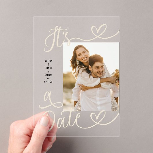 Handwritten Simple Heart It's A Date Photo Wedding Acryl Uitnodigingen (Insitu (Draagbaar))