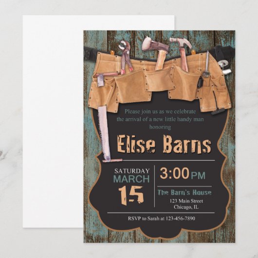 Handyman Baby shower Invitation Kaart (Voorkant / Achterkant)