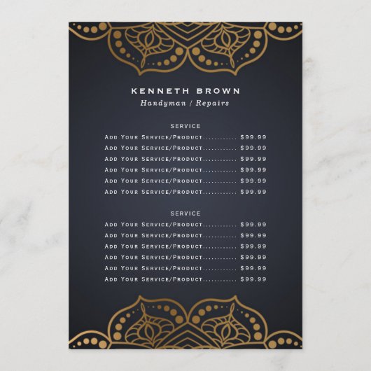 Handyman Black Gold-prijslijst Menu (Achterkant)