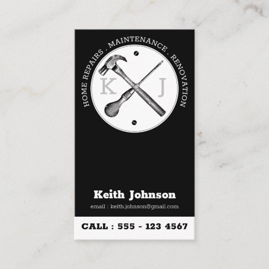Handyman Black Professional Custom Monogram Logo Visitekaartje (Voorkant)