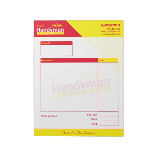 Handyman Business Quote Pad - Home Business Notitieblok (Linkerzijde)