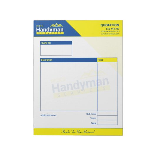 Handyman Business Quote Pad - Home Business Notitieblok (Linkerzijde)
