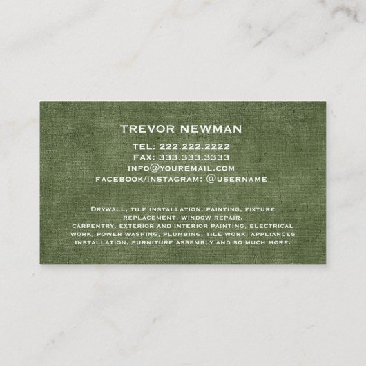 Handyman Carpenter Construction Grunge Olijfgroen Visitekaartje (Achterkant)