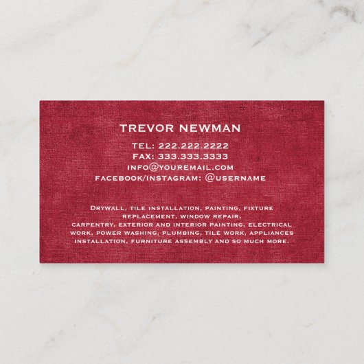 Handyman Carpenter Construction Grunge RED Visitekaartje (Achterkant)