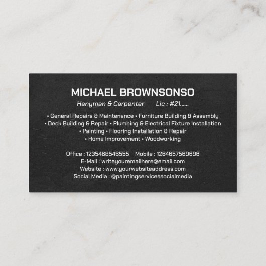 Handyman Carpenter Services Eenvoudig Zwart Visitekaartje (Achterkant)