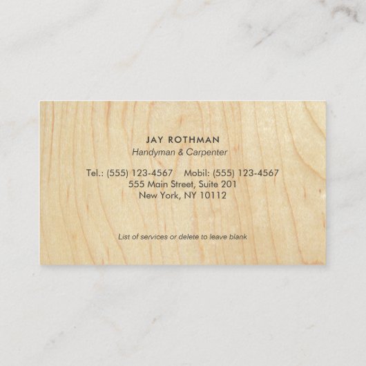 Handyman / Carpenter Tools Home Improving Wood Visitekaartje (Achterkant)