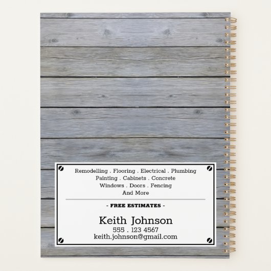 Handyman Construction Business Rustic Grey Wood Planner (Achterkant)