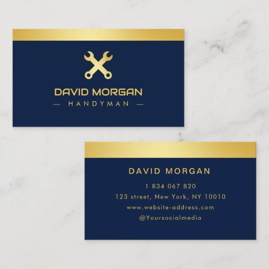 Handyman Construction Logo Navy en Gold Visitekaartje (Voorkant / Achterkant)