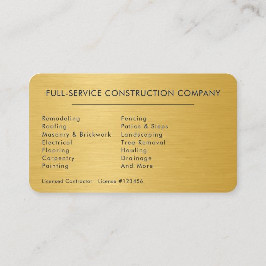 Handyman Construction Metal Gold Navy Blue  Visitekaartje (Achterkant)