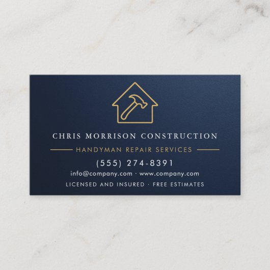 Handyman Construction Metallic Gold Navy Blue Visitekaartje (Voorkant)