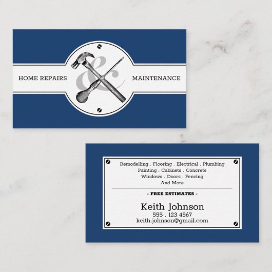 Handyman Construction Navy Blue Custom Modern Visitekaartje (Voorkant / Achterkant)