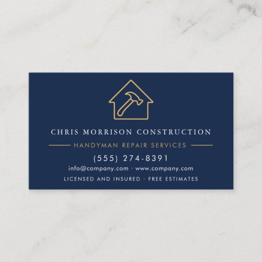 Handyman Construction Navy Blue Gold QR Code Visitekaartje (Voorkant)