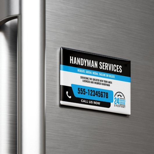HANDYMAN FIX IT GUY URGENT REPARATIE ZWART BLAUW MAGNETISCH VISITEKAARTJE