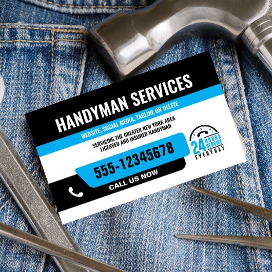 HANDYMAN FIX IT GUY URGENT REPARATIE ZWART Blauw Visitekaartje