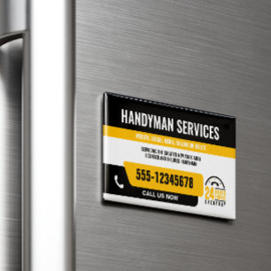 HANDYMAN FIX IT GUY URGENT REPARATIE ZWART GEEL MAGNETISCH VISITEKAARTJE
