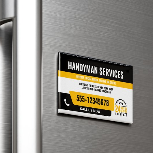 HANDYMAN FIX IT GUY URGENT REPARATIE ZWART GEEL MAGNETISCH VISITEKAARTJE