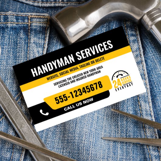 HANDYMAN FIX IT GUY URGENT REPARATIE ZWART GEEL VISITEKAARTJE