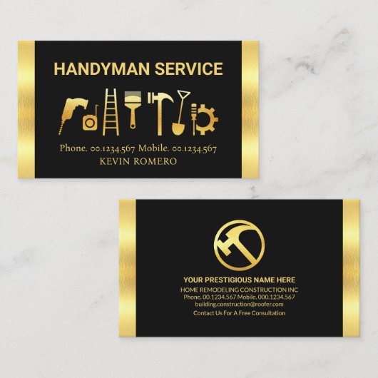 Handyman gereedschap met gouden strepen visitekaartje (Voorkant / Achterkant)