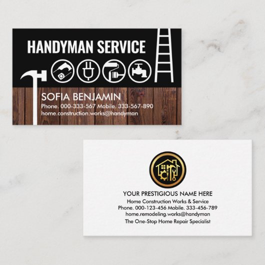 Handyman gereedschap op houten hek visitekaartje (Voorkant / Achterkant)