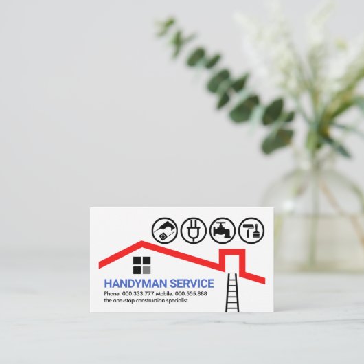Handyman gereedschap op rood dak visitekaartje (Staand voorkant)