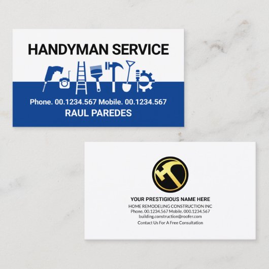 Handyman gereedschap op witte blauwe lagen visitekaartje (Voorkant / Achterkant)