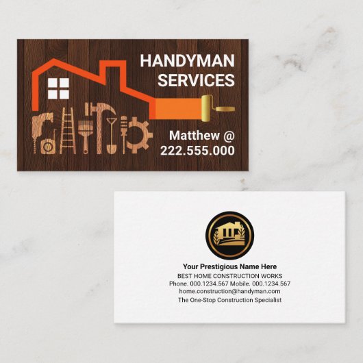 Handyman gereedschappen bouwen op hout visitekaartje (Voorkant / Achterkant)
